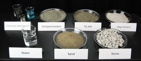 Полный состав бетона: цемент, песок, щебень, вода и добавки